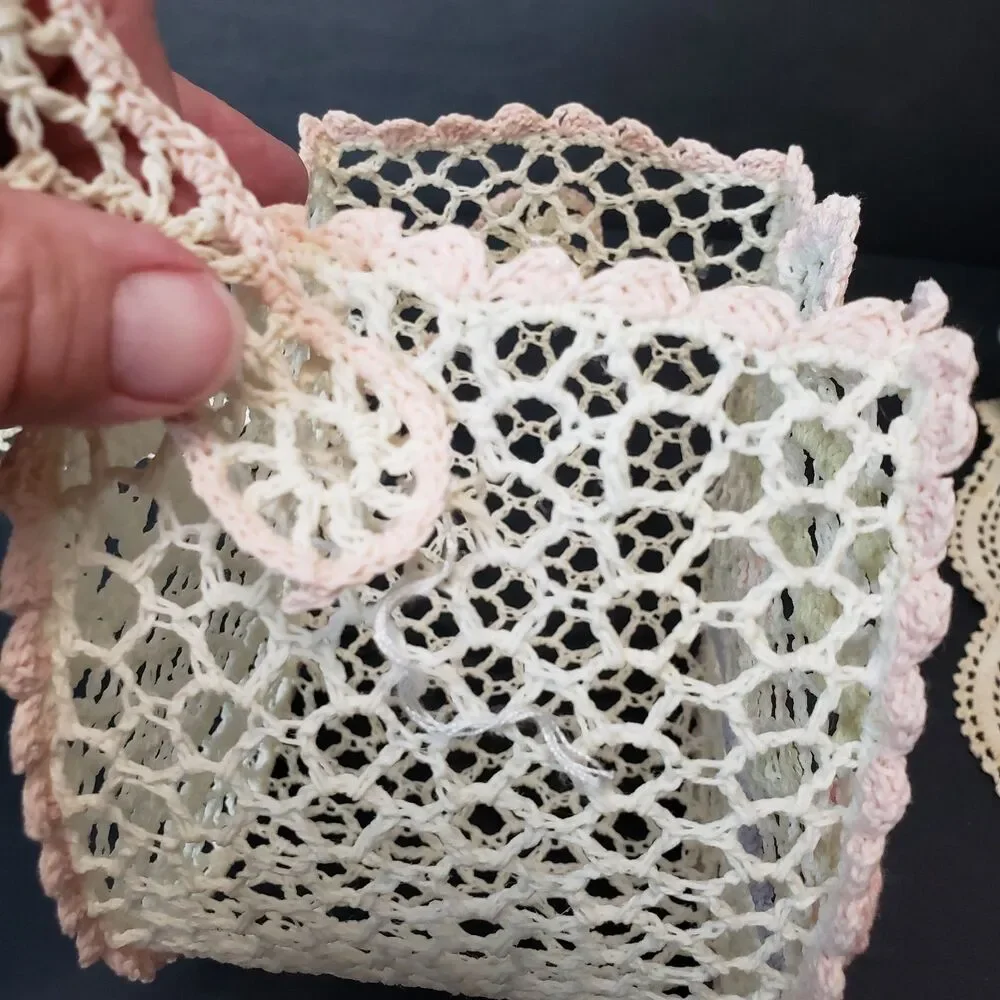 Vintage Crochet Pastel Delicate Lace Easter Starched Basket NEED Repairing